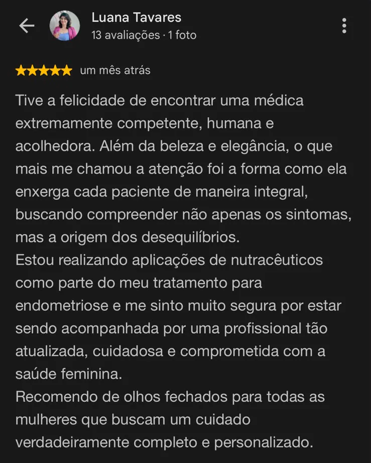 Avaliação de 5 estrelas no Google feita por Luana Tavares