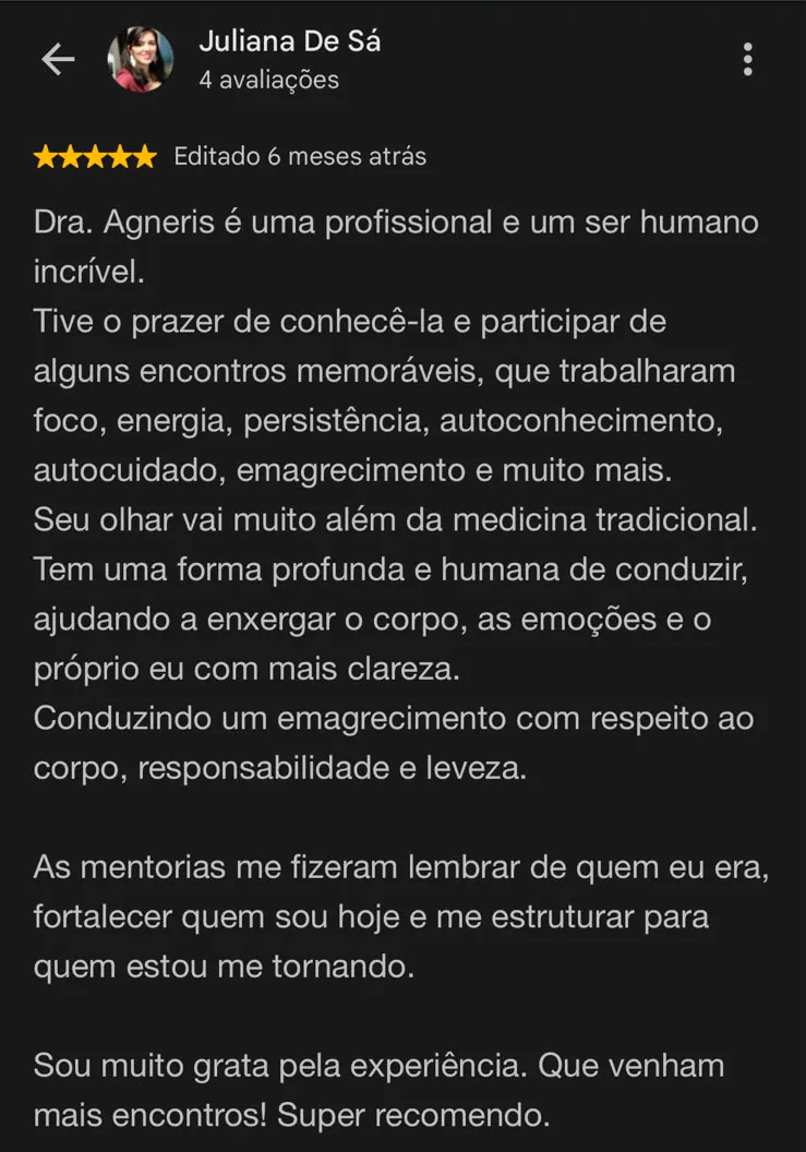 Avaliação de 5 estrelas no Google feita por Juliana De Sá