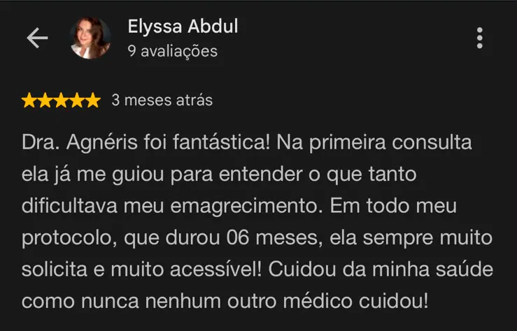 Avaliação de 5 estrelas no Google feita por Elyssa Abdul