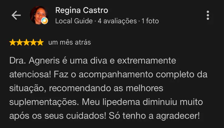 Avaliação de 5 estrelas no Google feita por Regina Castro