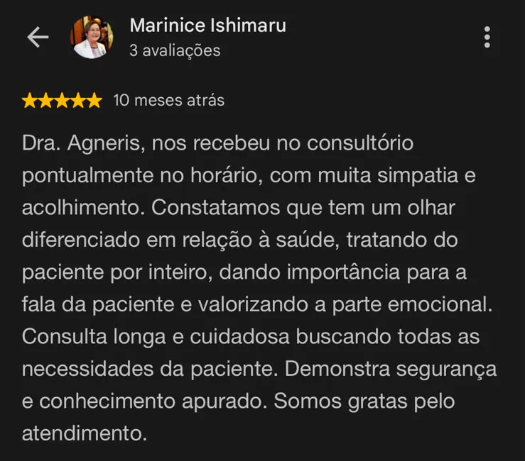 Avaliação de 5 estrelas no Google feita por Marinice Ishimaru