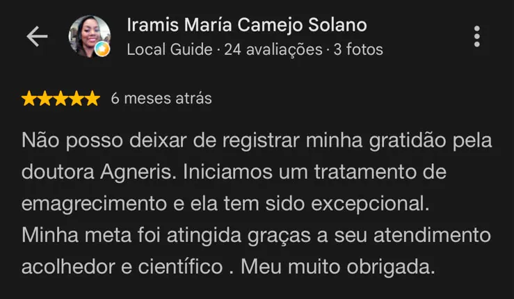 Avaliação de 5 estrelas no Google feita por Iramis María Camejo Solano